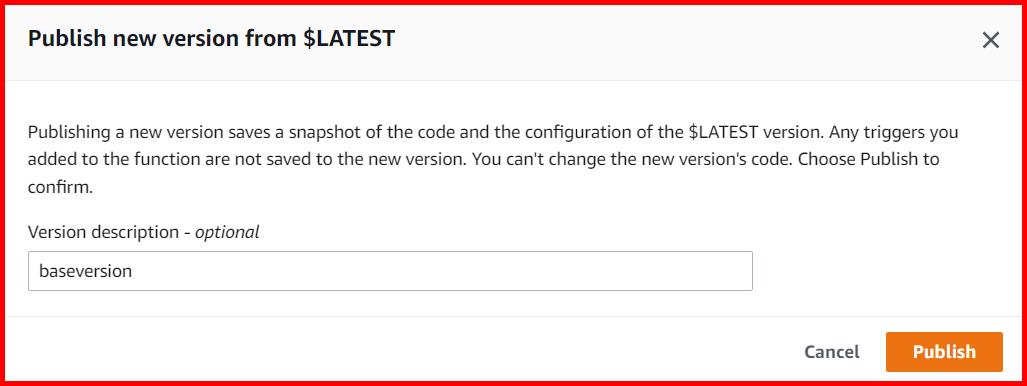 Picture showing publishing the new version of code in lambda function